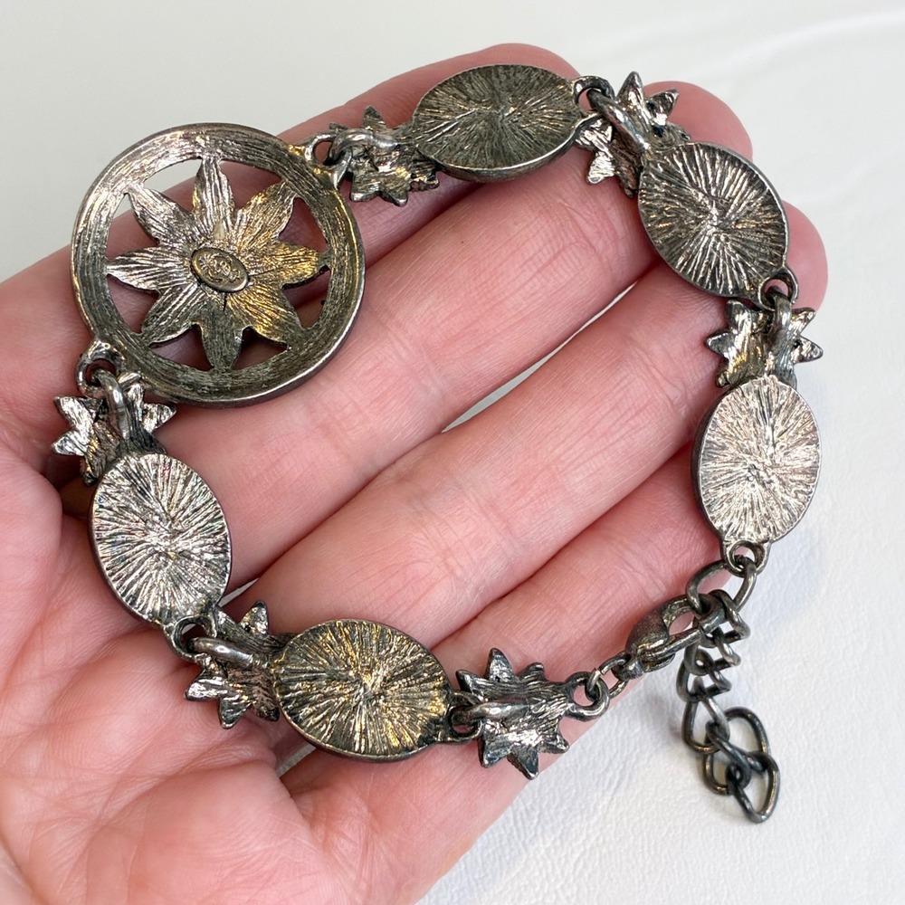 Vintage Premier Designs Bracelet Floral Purple Cabochon Rhinestone Silver Tone - Picture 3 of 11